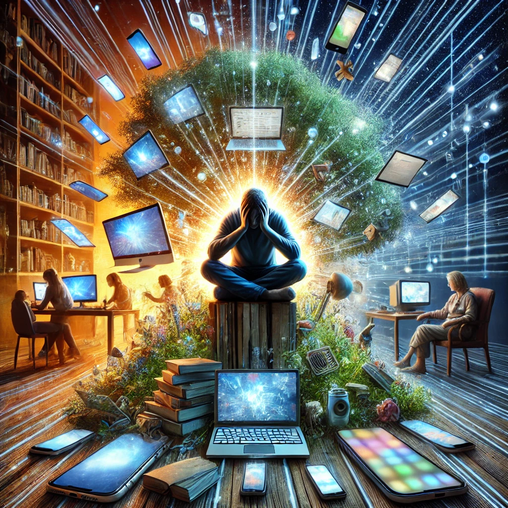 A symbolic image depicting the negative impact of excessive technology use, represented by a person overwhelmed by glowing screens from phones, computers..